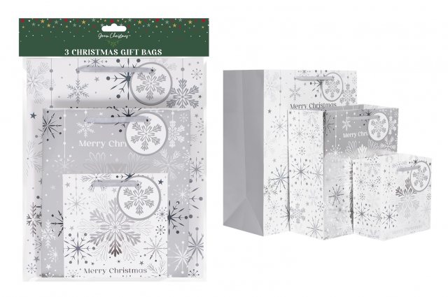 Christmas Gift Bag Set Silver Snowflake 3 Pack