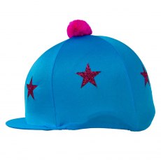 Hy Equestrian Pom Pom Hat Cover with Glitter Star Pattern Turquoise/Pink Stars One Size