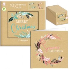 Xmas Card Choir Kraft Foliage Print 10 Pack