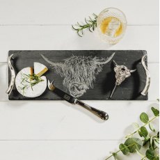 Highland Cow Slate Tray Cheese Knife and Pourer Gift Set