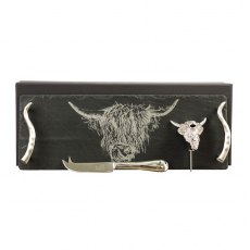 Highland Cow Slate Tray Cheese Knife and Pourer Gift Set