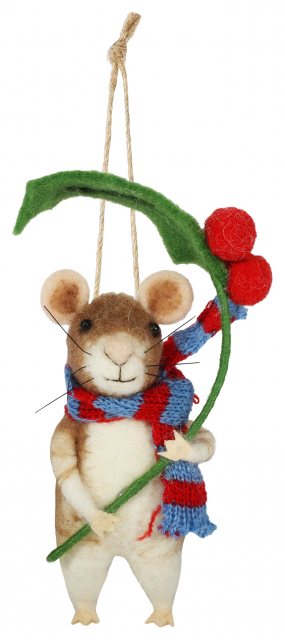 Apac Hanging Felt Mouse With Holly Sprig 15cm