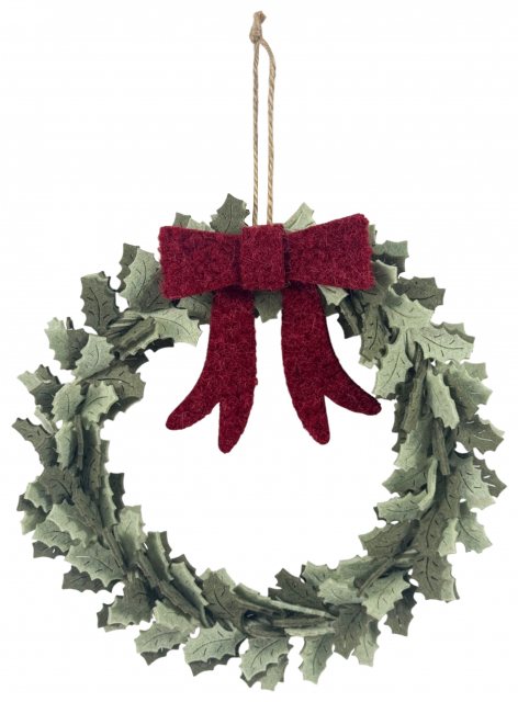 Apac Hanging Felt Red Bow Leaf Wreath 30cm