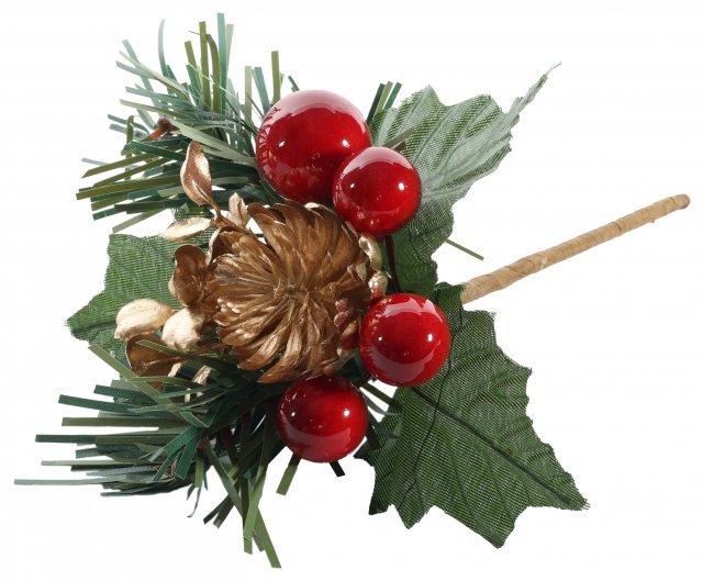 Apac Red Berry & Gold Flower Pick 14cm