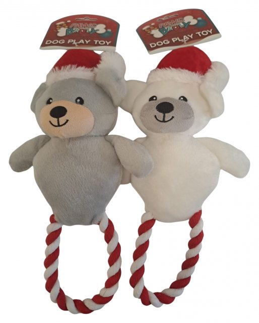 Paws Behaving Badly Christmas Plush Santa Bear Rope Ring Dog Toy Assorted
