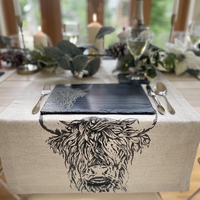 Linen Highland Cow Table Runner Homeware Mole Avon