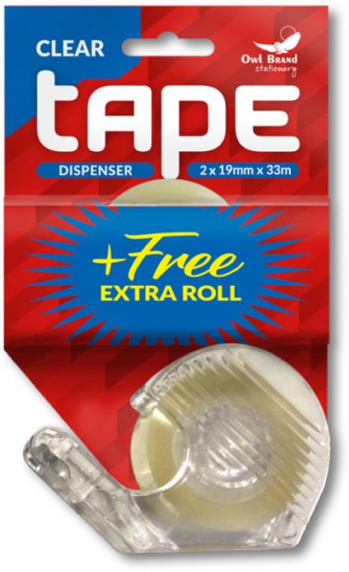 Clear Tape 33m With Dispenser & Extra Roll