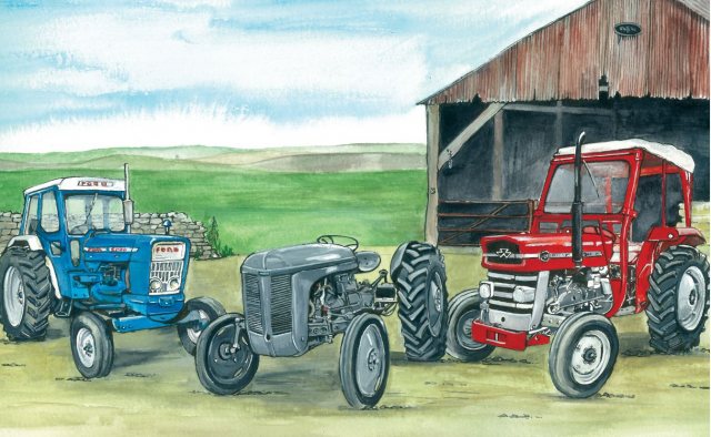 Three Classic Tractors Greetings Card