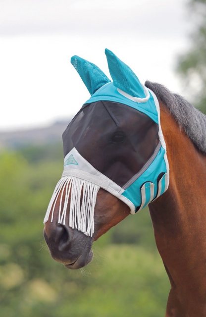 Shires Equestrian FlyGuard Pro Fine Mesh Fly Mask With Ears & Nose Fringe Teal