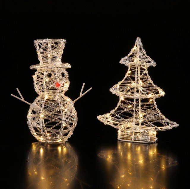 Light Up Spun Acrylic Snowman/Tree Warm White Assorted