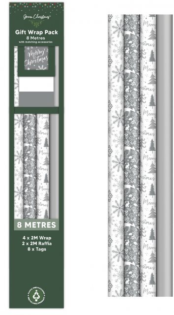 Christmas Gift Wrap 8m & Tags Silver