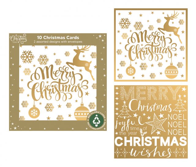 Christmas Card Gold Reindeer & Text 10 Pack