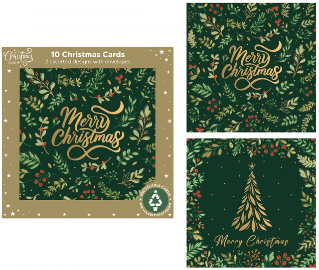 Christmas Card Green Foliage & Tree 10 Pack