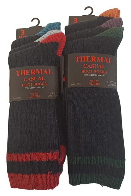 Simply Essentials Mens Thermal Striped Boot Sock 3 Pack Assorted