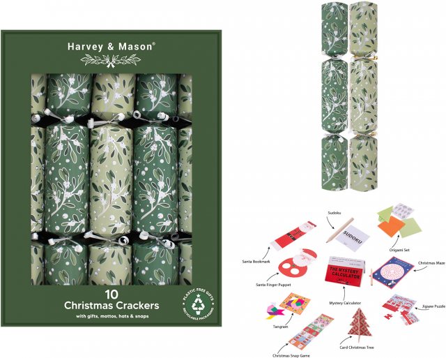 Harvey & Mason  Green Mistletoe Christmas Crackers 14" 10 Pack