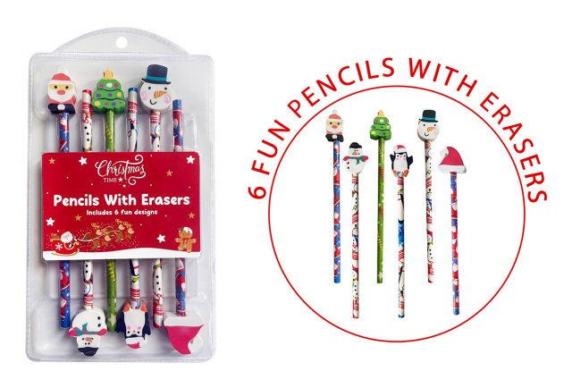 Christmas Pencils With Erasers 6 Pack